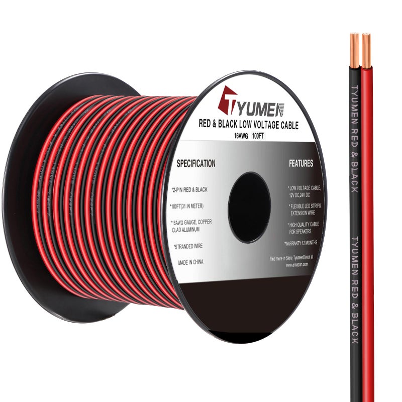 TYUMEN 16 Gauge Wire 100FT, 16/2 AWG Red Black Hookup Electrical Wire LED Strips Extension Cord 12V/24V DC Cable, 16AWG 2 Conductors Flexible Wire for in-Home, Autos, Schools use - Image 1
